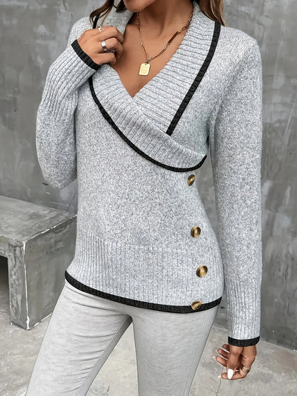 Color Blocking V-Neck Commuter Style Buttoned Long-Sleeved Knit Sweater