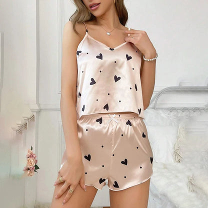 Heart Print Satin Sexy V Neck Pyjama set