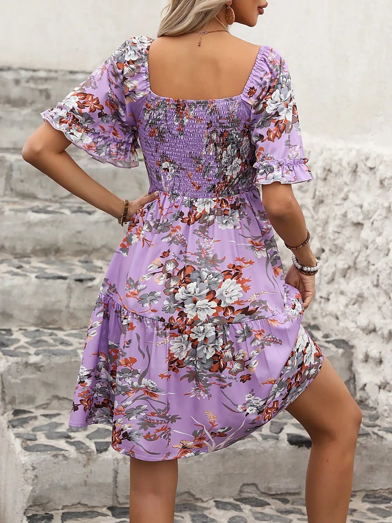 Boho Floral Print Square Neck Smocked Waist Ruffle Mini Dress