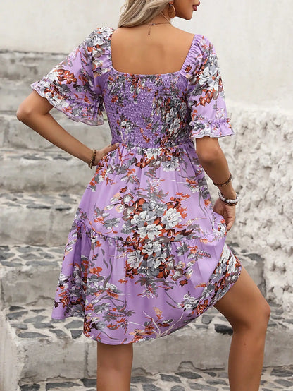 Boho Floral Print Square Neck Smocked Waist Ruffle Mini Dress