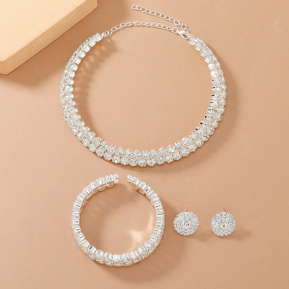 Double Layer Choker Necklace Full Rhinestone Cuff Set