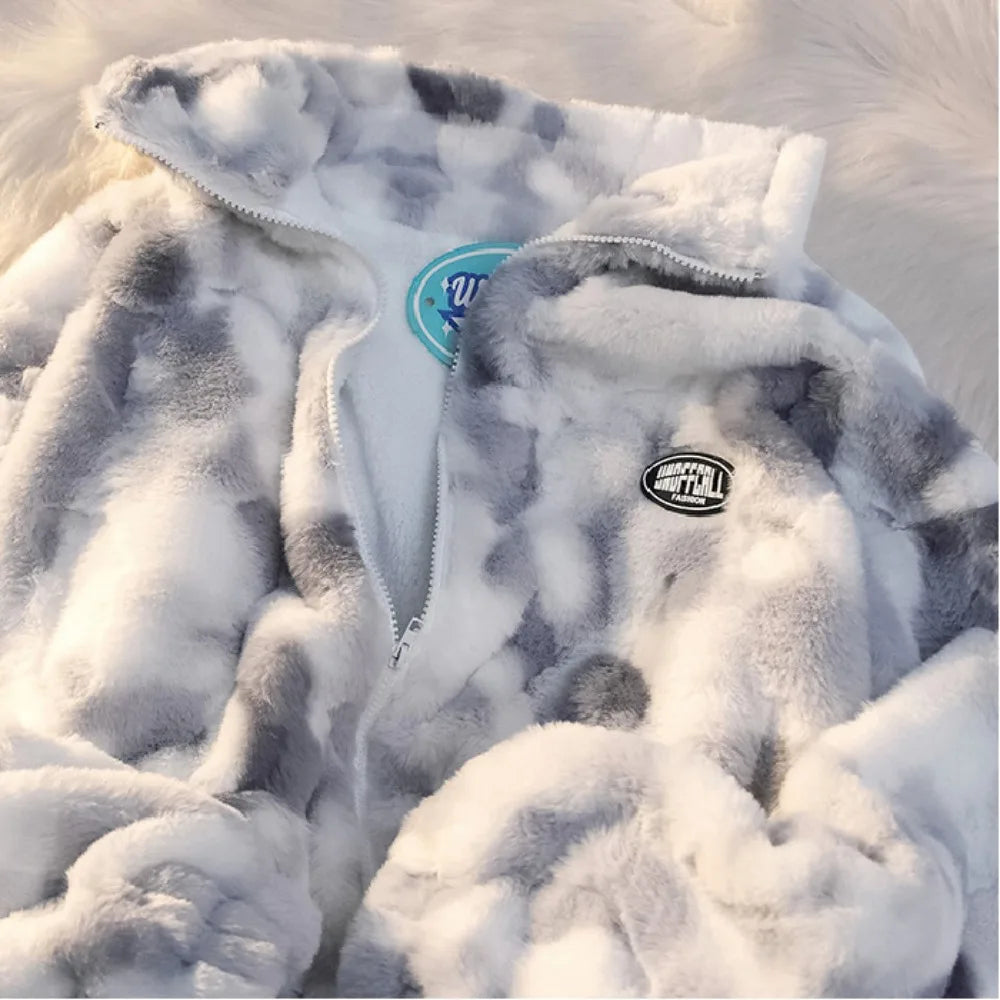 Tie Dye Lamb Fleece Harajuku Casual Loose Thick Coat Jacket