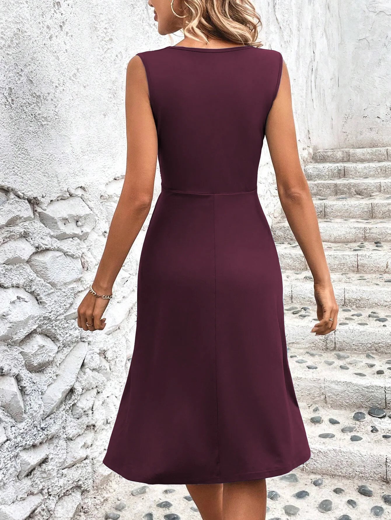 Elegant V Neck Wrap Waist Midi Sleeveless Dress