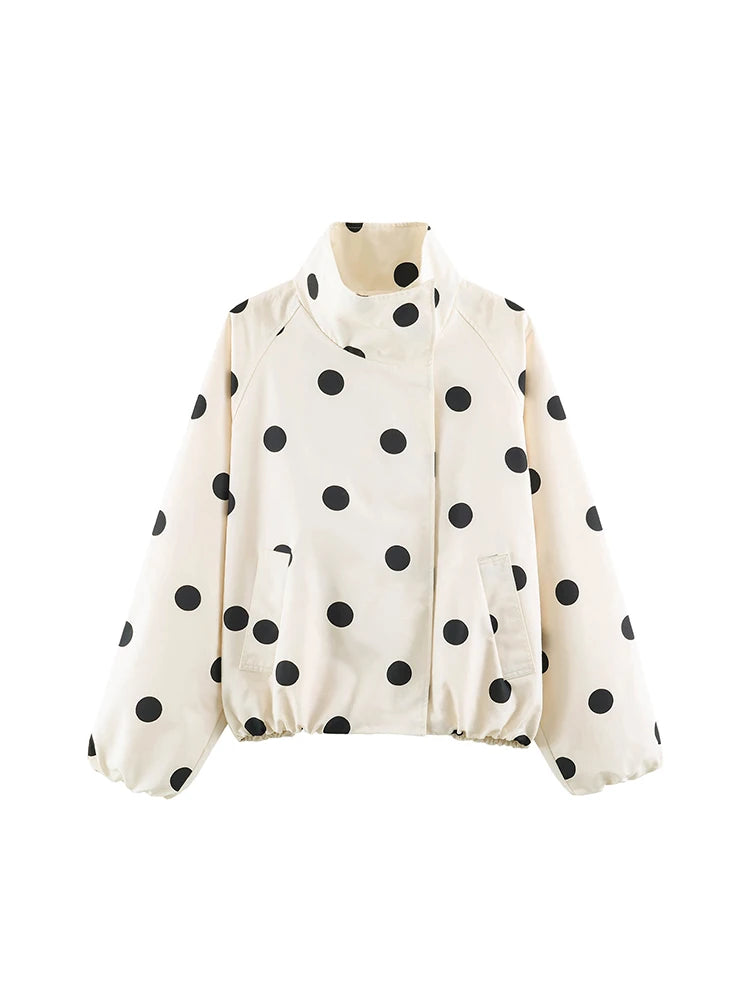 Retro Polka Dot Printed Bomber Stand Collar Oversized Casual Jacket