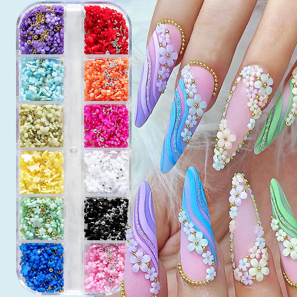 12/15Grids Acrylic Flower Nail Charms Mix Colors Set
