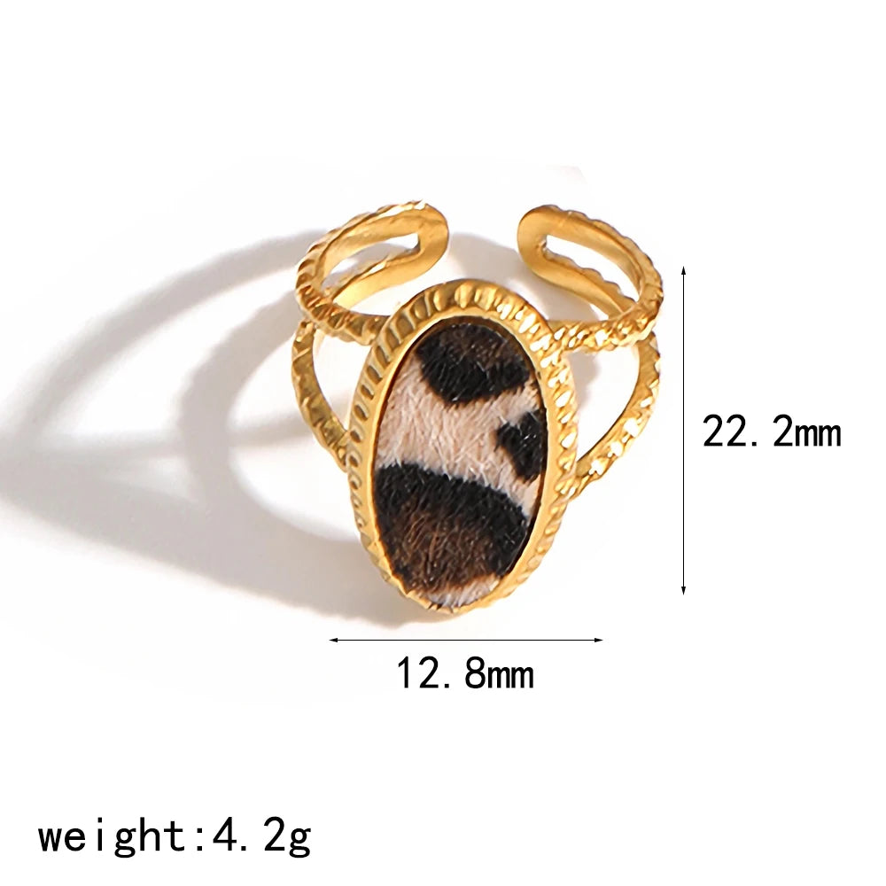 Stainless Steel Retro Geometric Leopard Pattern Adjustable 18K Gold Rings
