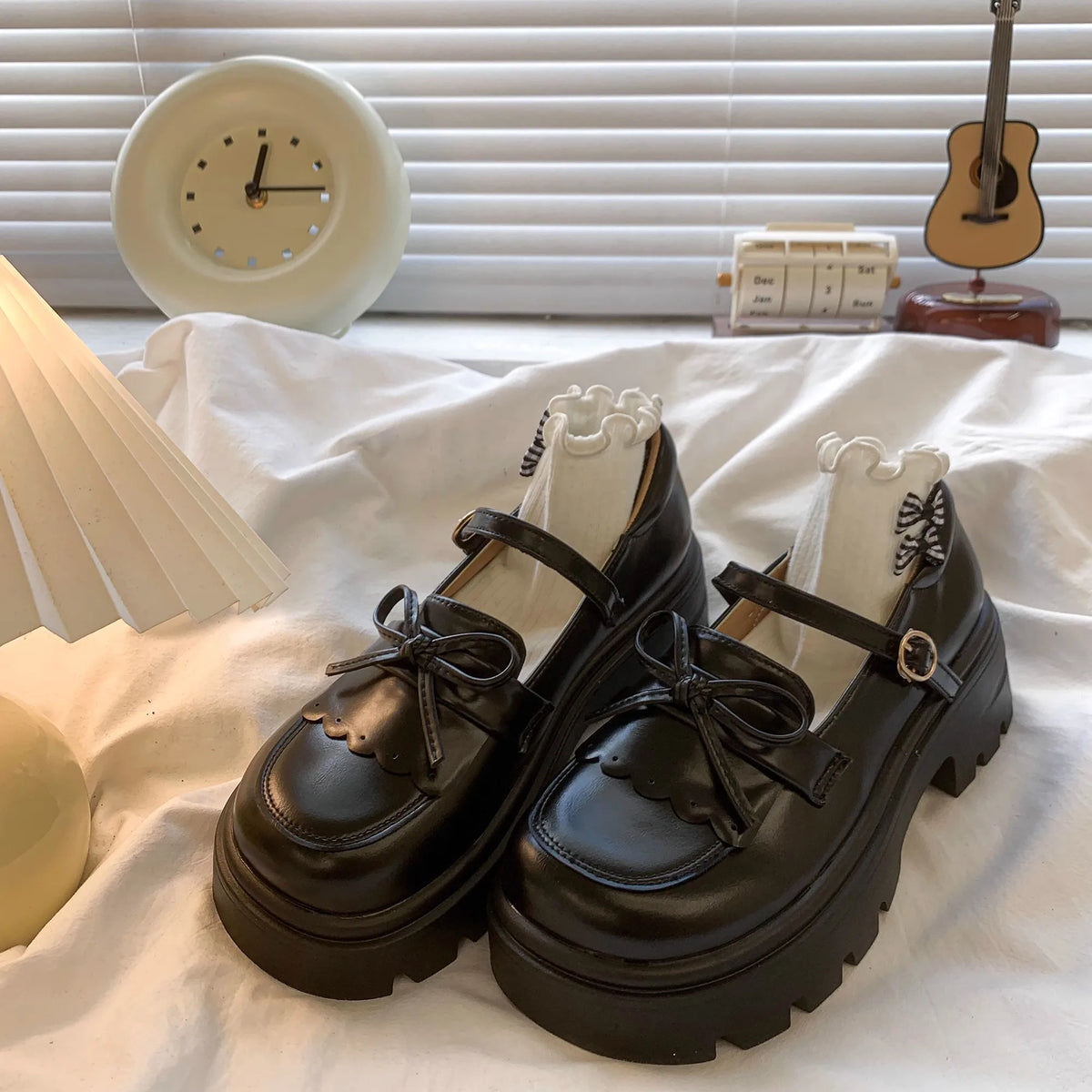 Black Leather Mary Janes Bow Thick Sole Casual Toddler Shoes