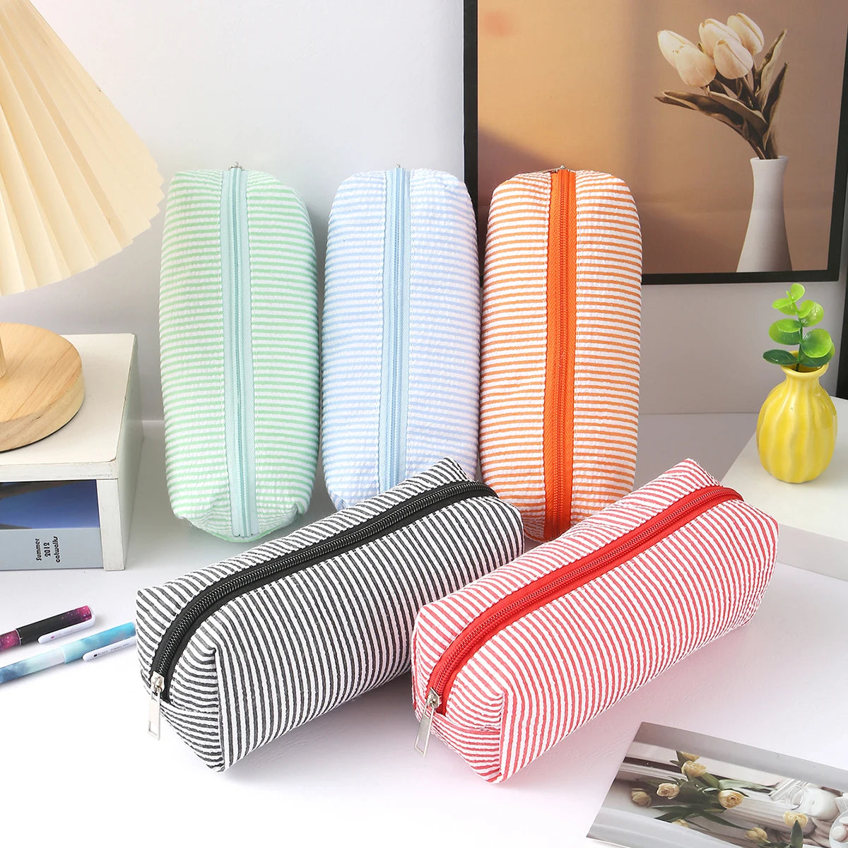 Cute Striped Canvas Pencil Case Small Travel Pouch with Zipper