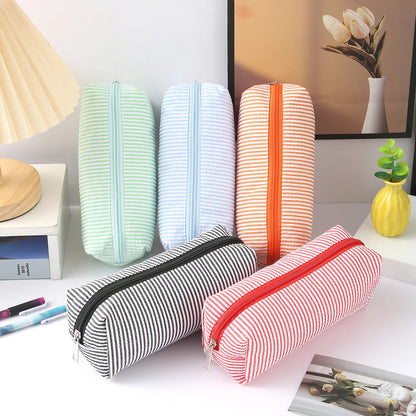 Cute Striped Canvas Pencil Case Small Travel Pouch with Zipper