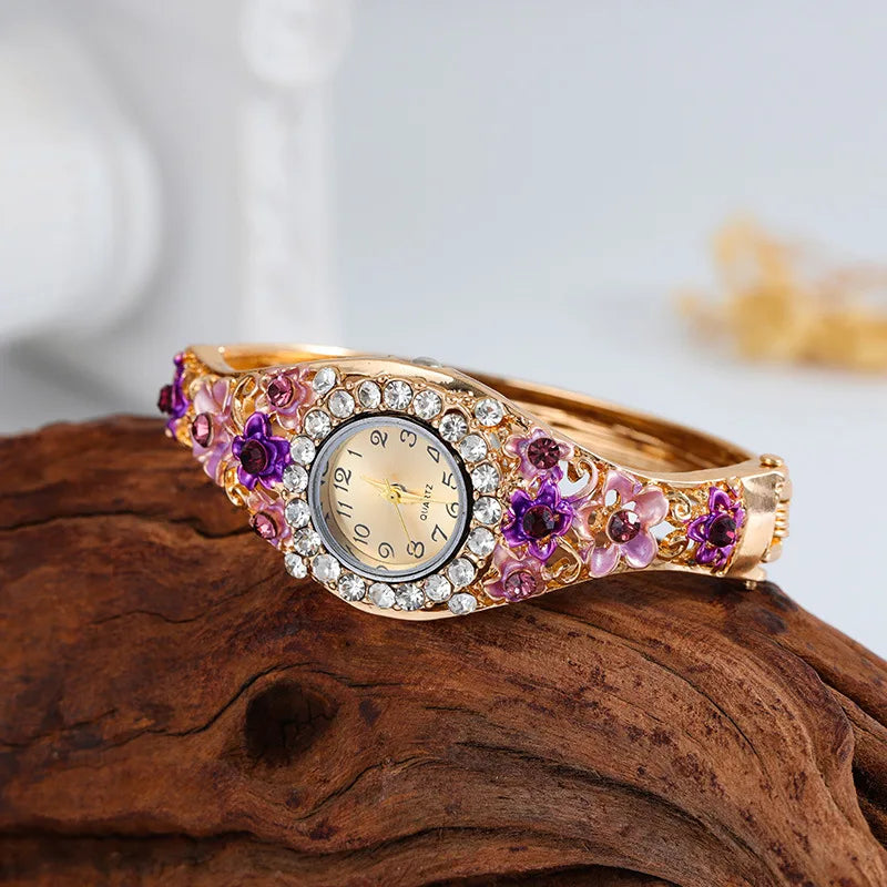 Luxury Watches Retro Elegant Flower Diamond Stainless Steel Quartz Wristwatches