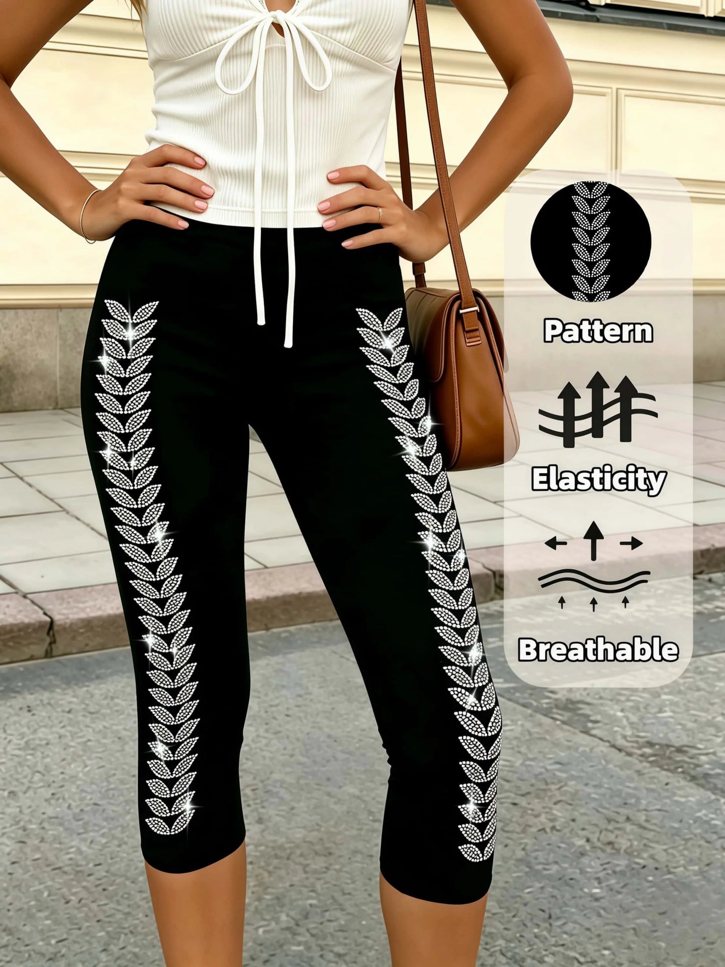 Black Capri Leggings Side Leaf Rhinestones Stretchy Slim Fit Yoga Pants