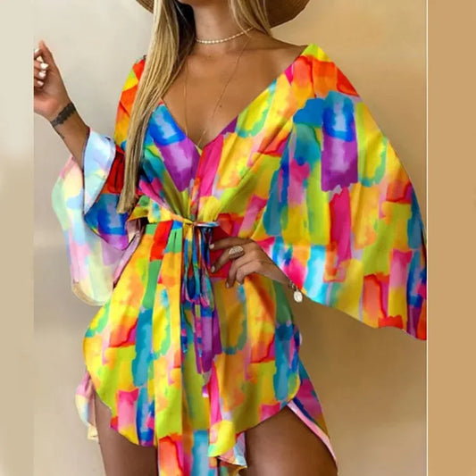 Sexy Bat Sleeve Ruffly Flowers Mini Dress