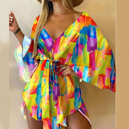 Bat Sleeve Ruffle Flowers Bohemian Mini Dress