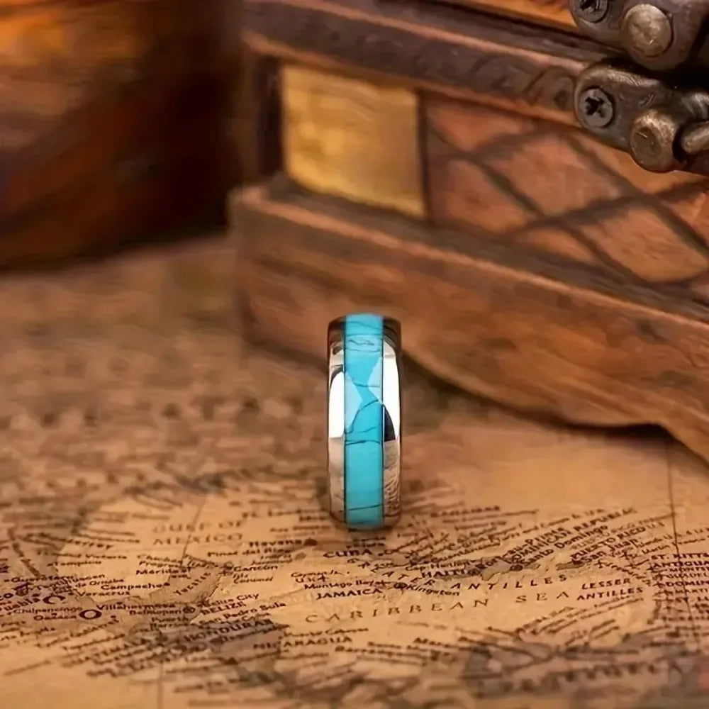 Inlay Blue Turquoise 8MM Stainless Steel Rings