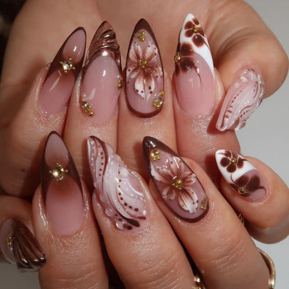 24Pcs Gilded 3D Flower Press on Nails Black French Leopard Print False Nails
