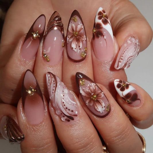 24Pcs Gilded 3D Flower Press on Nails Black French Leopard Print False Nails