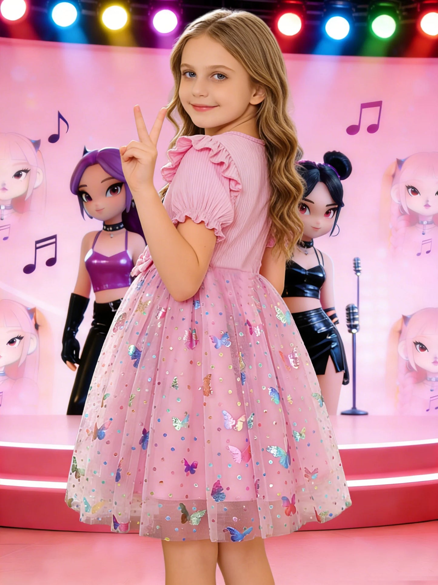 Double bows at the waist puff sleeves and a pink princess dress