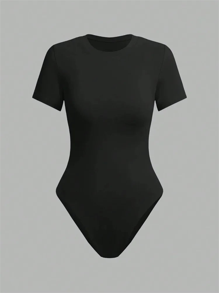 Solid Basic Short Sleeve Bodysuit Blouse