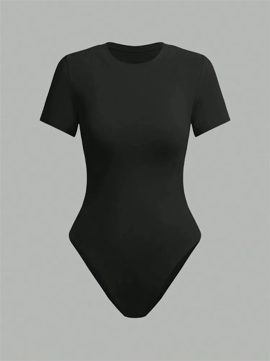 Solid Basic Short Sleeve Bodysuit Blouse