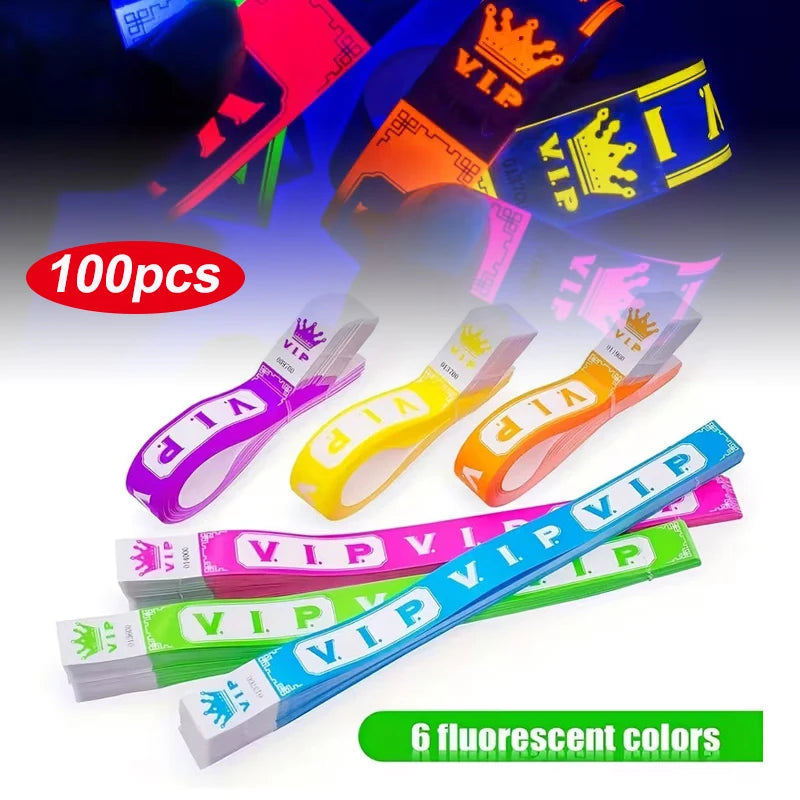 100pcs VIP Neon Paper Wristbands Fluorescent Waterproof