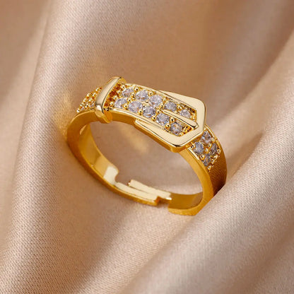 Chain Hollow Out Gold Stainless Steel Zircon Cross Ring