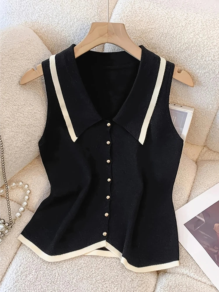 Polo Collar Knit Vest with Gold Button Sleeveless Cardigan Vest