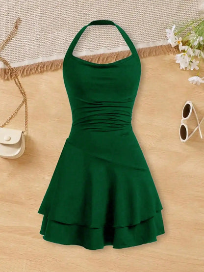 Cinching and slimming effect backless cross tie dress
