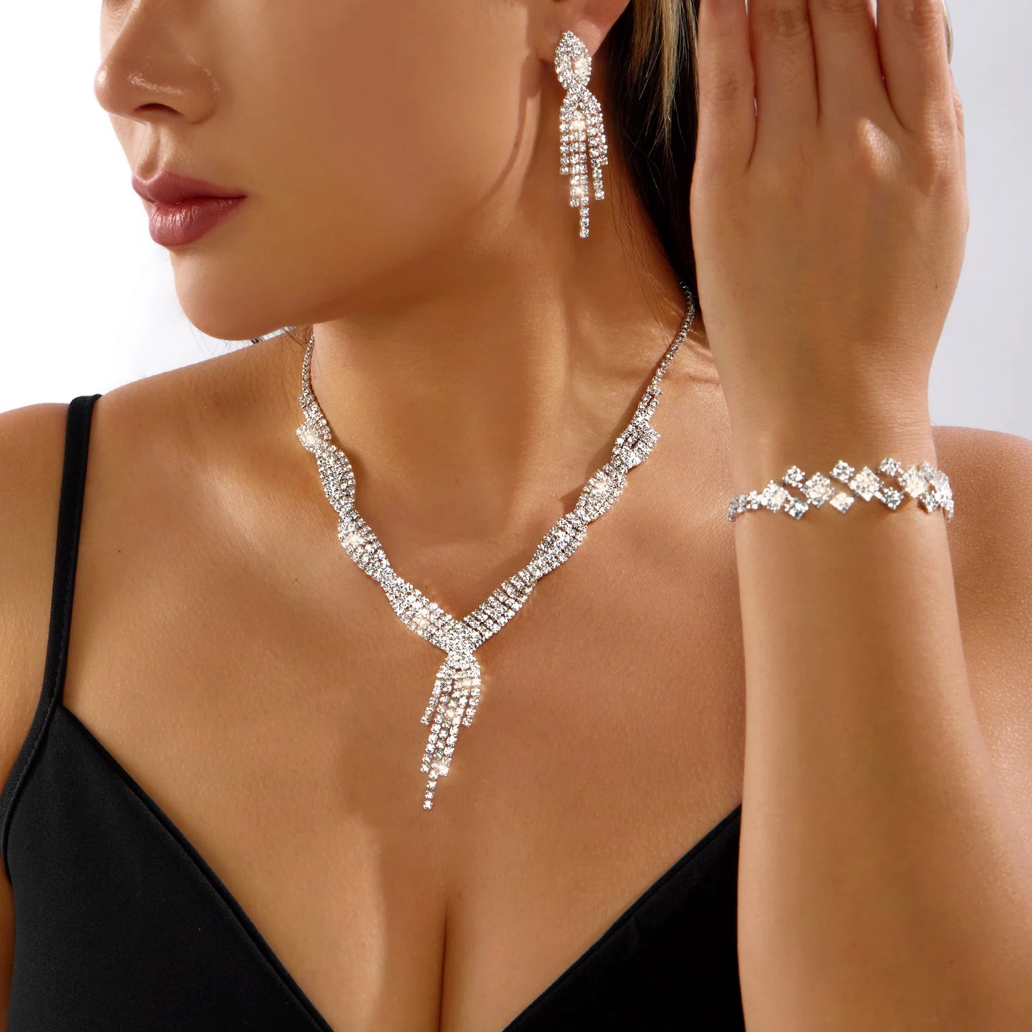 Geometric Rhinestone Crystal Necklace Choker Jewelry Set