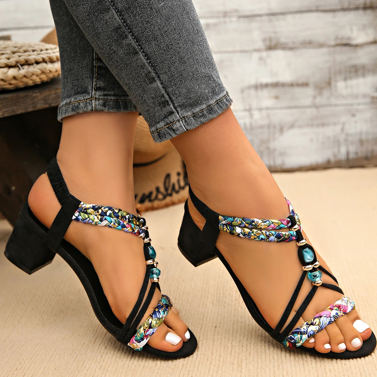 Plus Size Bohemian Beaded Thick High Heels Elastic Strap Gladiator Sandals