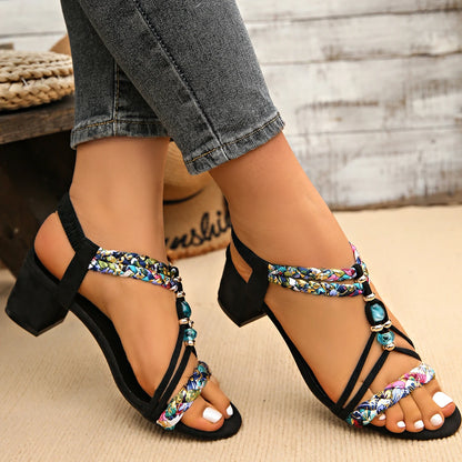 Plus Size Bohemian Beaded Thick High Heels Elastic Strap Gladiator Sandals