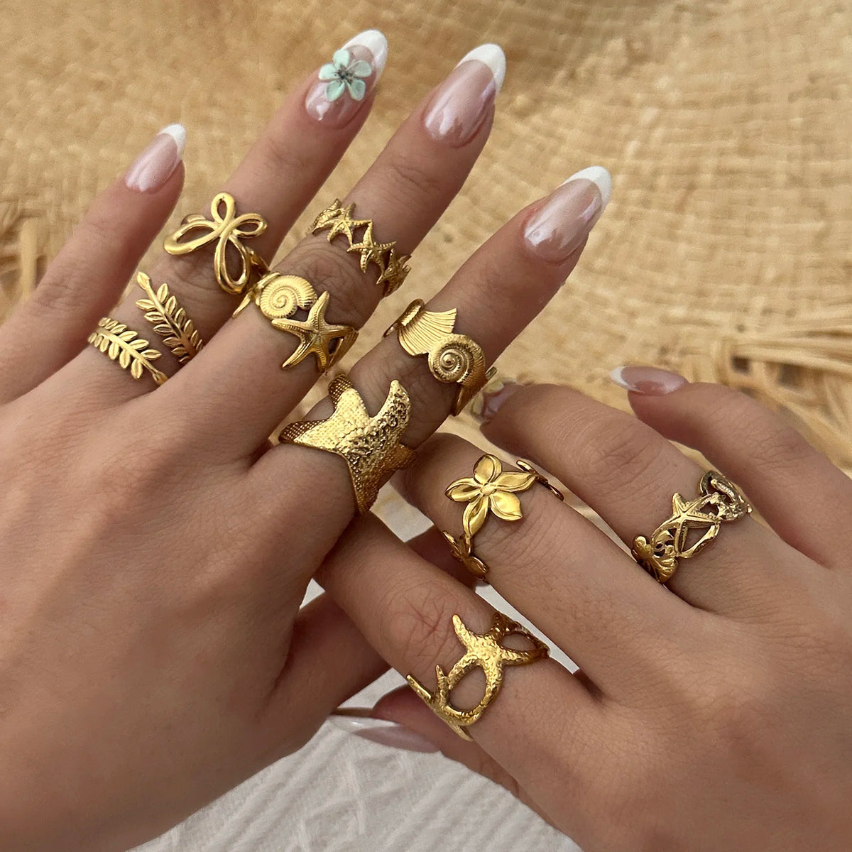 PVD Plated Stainless Steel Open Vintage Sun Leaf Shell Geometric Cuff Ring Set