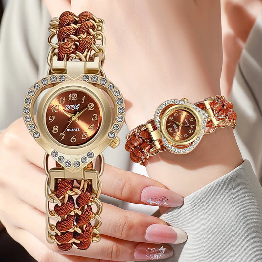 Luxury Rhinestone Heart Dial Woven Strap Quartz Wristwatch