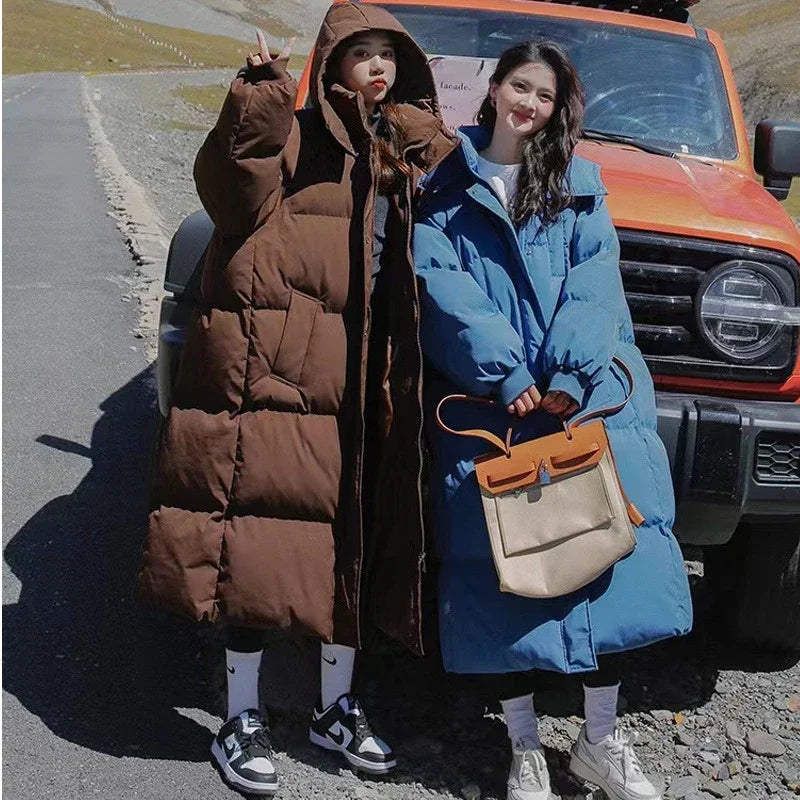 Long Thickened Down Cotton Bread Style Winter Korean Loose Long Knee Length Hooded Jacket