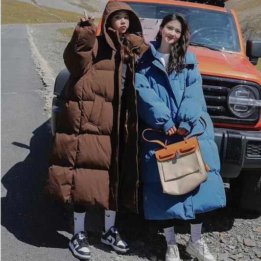Long Thickened Down Cotton Bread Style Winter Korean Loose Long Knee Length Hooded Jacket