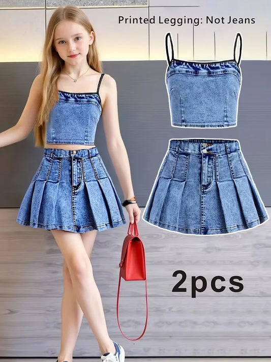 Faux Denim Outfit Mini Skirt Set