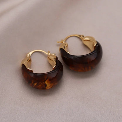 Korean design 14K gold plated round amber resin earrings
