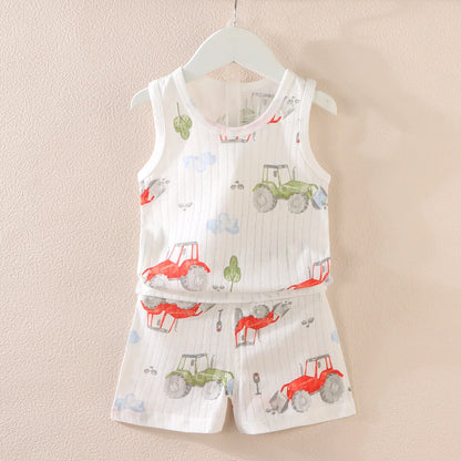 Cartoon Thin Style Sleeveless Baby Pajamas Set