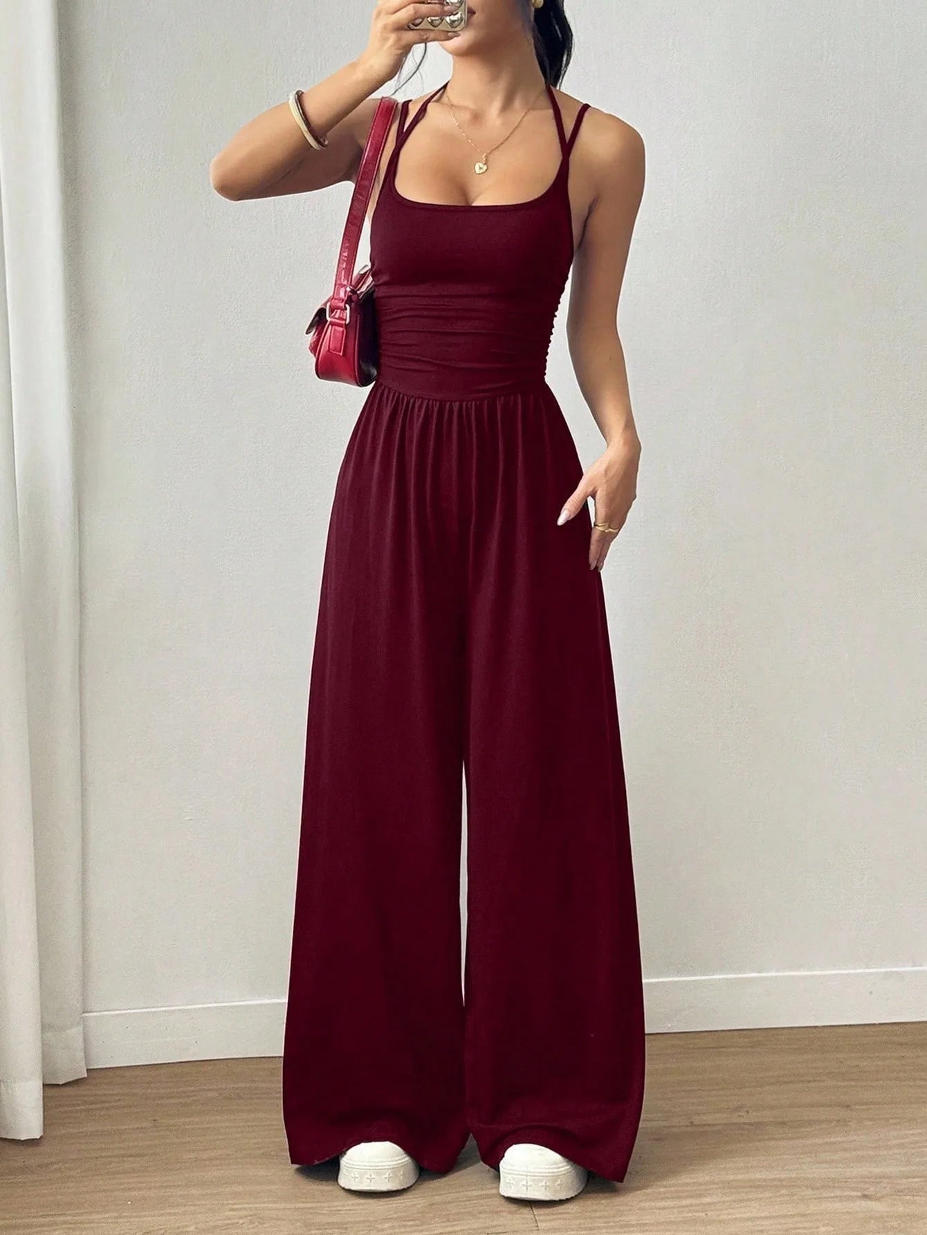 Halter Spaghetti Strap Casual Elastic High Waist Backless Wide Leg Jumpsuits