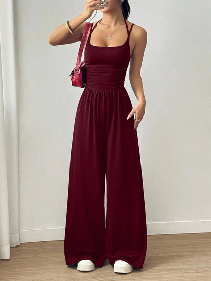 Halter Spaghetti Strap Casual Elastic High Waist Backless Wide Leg Jumpsuits