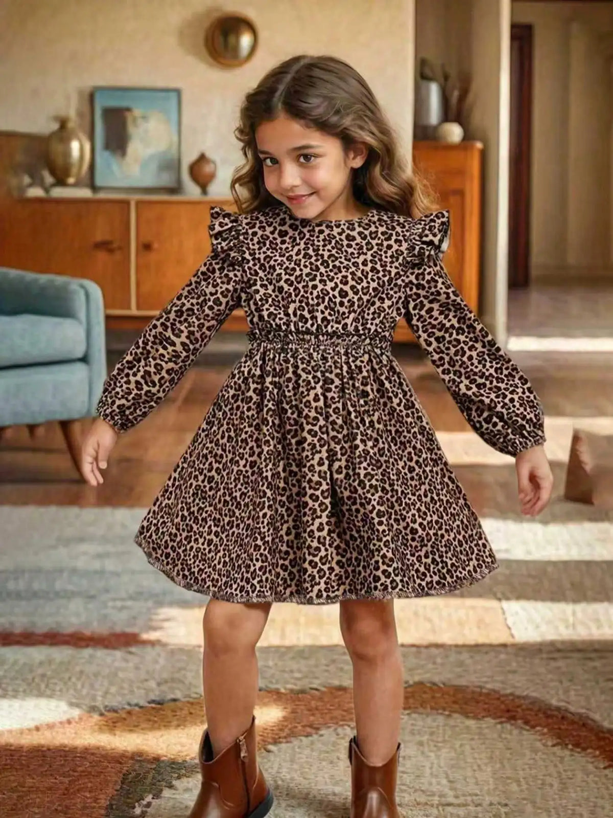 Elegant Four Season Leopard Print Long-Sleeved Ruffle Edge Dress