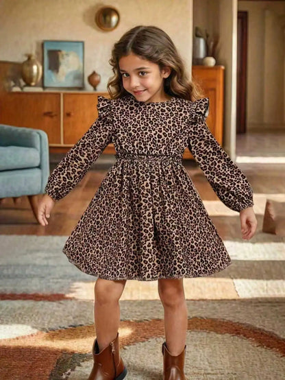 Elegant Four Season Leopard Print Long-Sleeved Ruffle Edge Dress