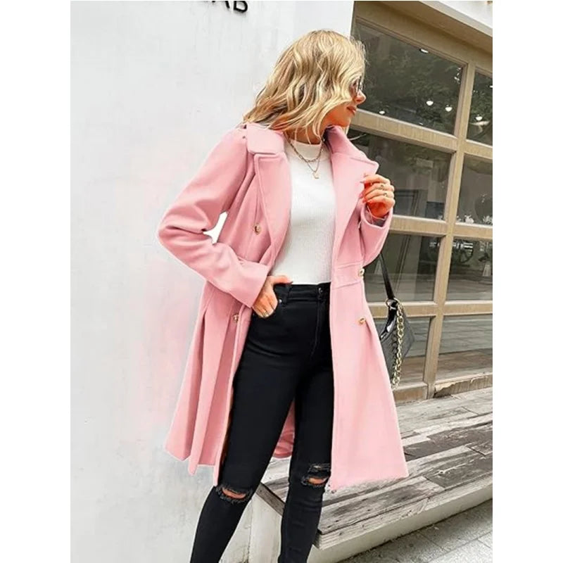 Winter Woolen Trench Coat Skirt Double Breasted Flip Lapel Jacket