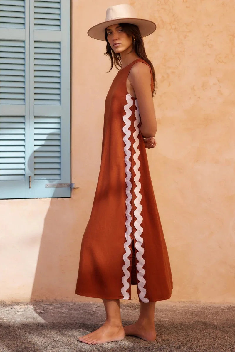 Summer Loose Casual O-neck Sleeveless Split Vintage Midi Dress