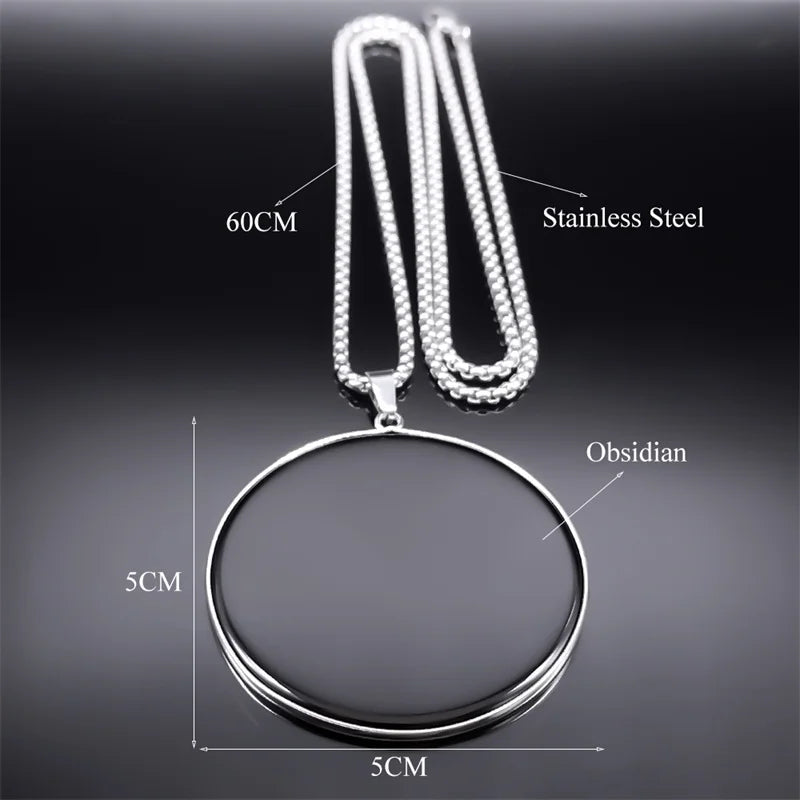 Big Black Obsidian Necklace Stainless Steel Natural Stone