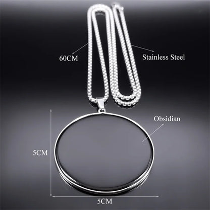 Big Black Obsidian Necklace Stainless Steel Natural Stone