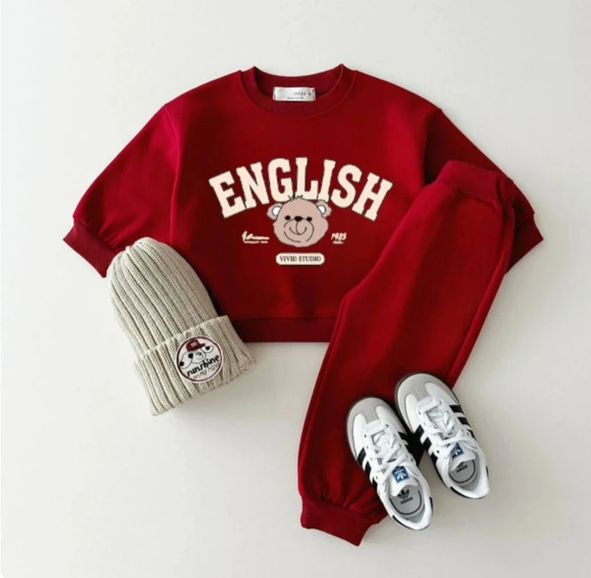 Soft Cotton Matching Tracksuit Retro English Letter Cartoon Bear Graphics Set