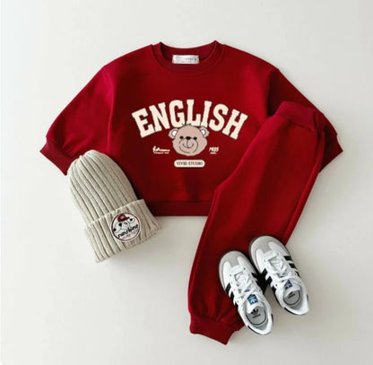 Soft Cotton Matching Tracksuit Retro English Letter Cartoon Bear Graphics Set