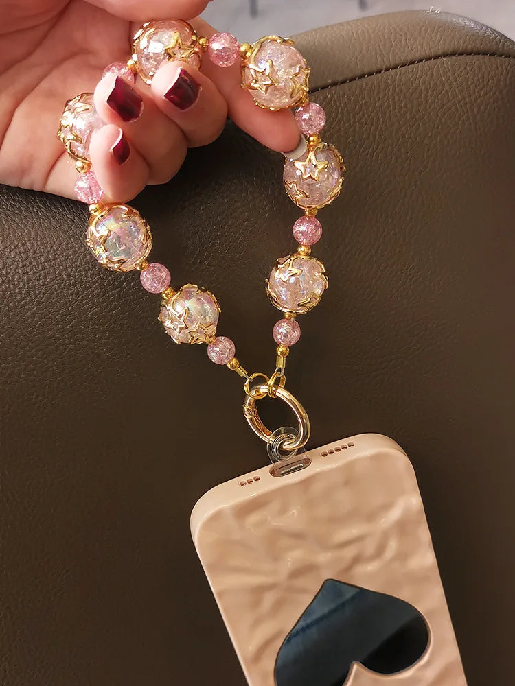 Short Phone Lanyard Wrist Dreamy Starry Sky Crystal Bead