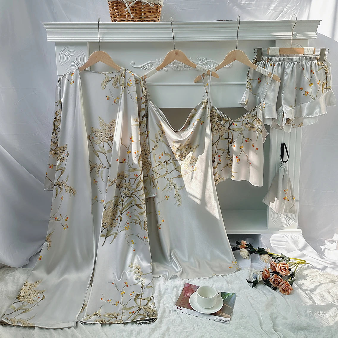5pcs Floral Print Long Sleeve Robe Cami Dress Pajamas Sets