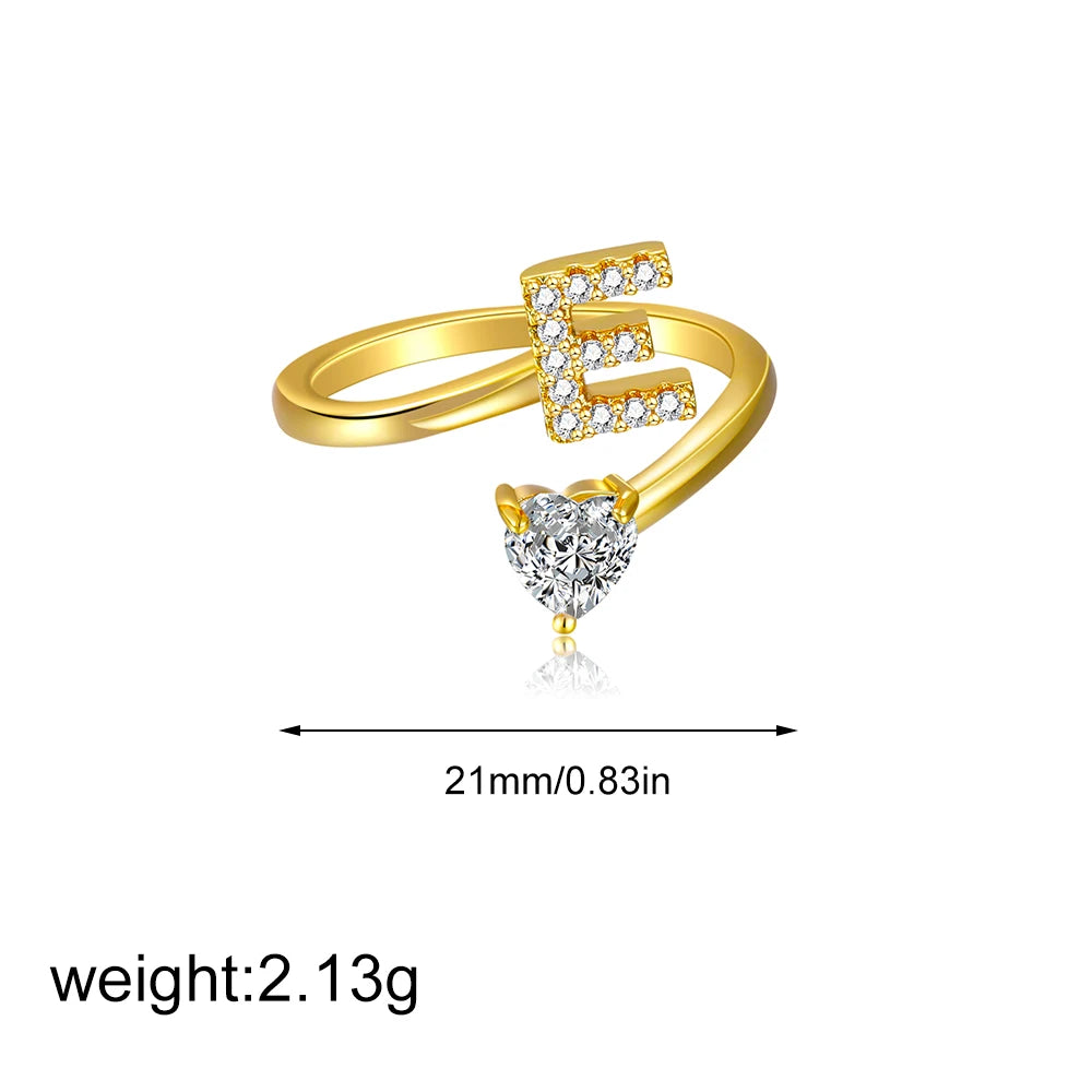 Gold Letter Open Heart Shape Cubic Zirconia  A-Z 26 Letter  Lnitials Rings
